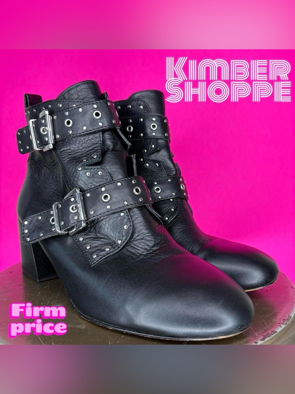 Rebecca Minkoff Logan Studded Black Leather Buckled Straps Heeled Boot US 8 UK 5